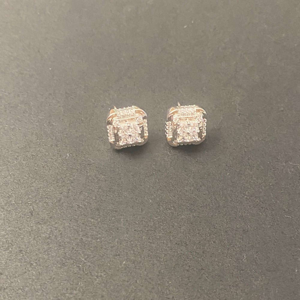 White Crystal Halo Square Stud Earrings - Women Jewelry